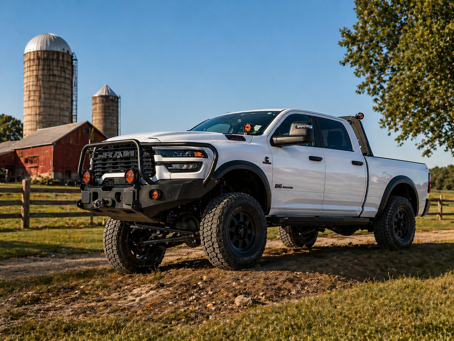 AG Wagon Ram 2500 at farm with silos